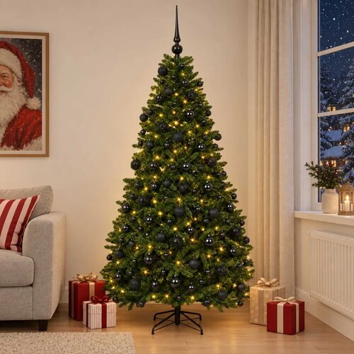  Umjetno božićno drvce srednje zeleno s kuglicama 210 cm - Srednje zelena &Oslash; 106 x 210 cm s 300 LED dioda i crnim lopticama Cijene