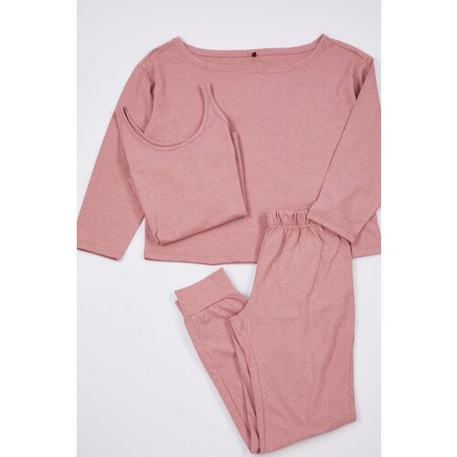 Trendyol Dusty Rose 3-Piece Cotton Knitted Pajama Set Slike