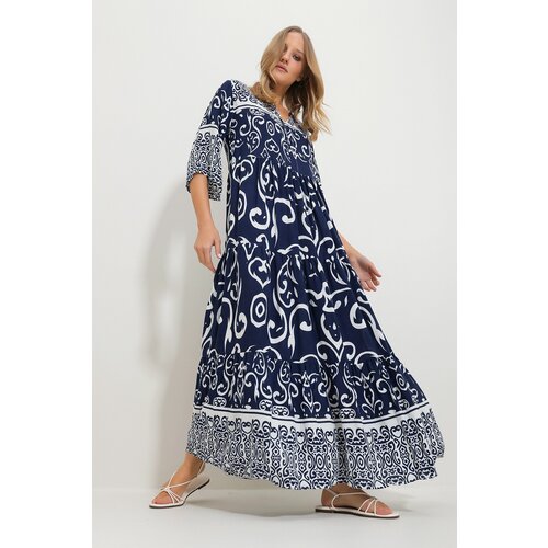 Trend Alaçatı Stili Women's Navy Blue Front Laced Patterned Woven Viscose Dress Cene