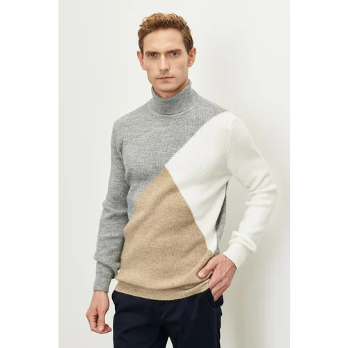 ALTINYILDIZ CLASSICS Men's Beige-gray Standard Fit Regular Cut Full Turtleneck Ruffled Soft Textured Knitwear Sweater