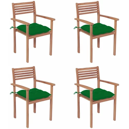 vidaXL Vrtni stoli 4 kosi z zelenimi blazinami trdna tikovina