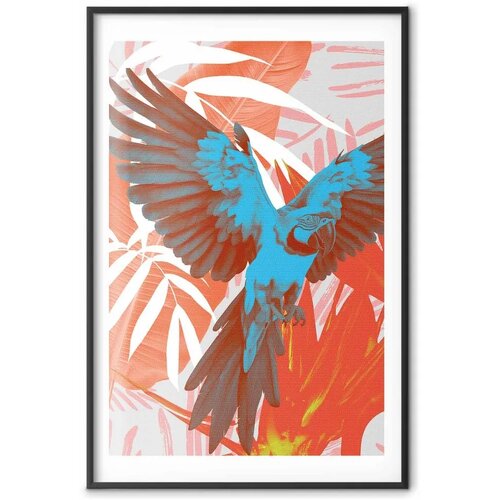  Plakat - Exotic Wings - parrot among abstract leaf patterns 29.7x42 Crni okvir s margom Slike