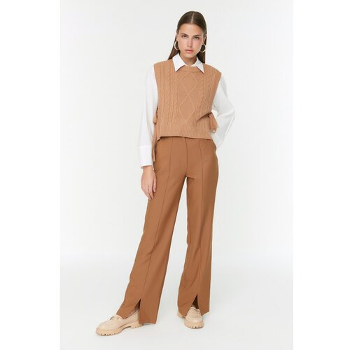 Trendyol Brown Slit Detailed High Waist Woven Trousers Slike