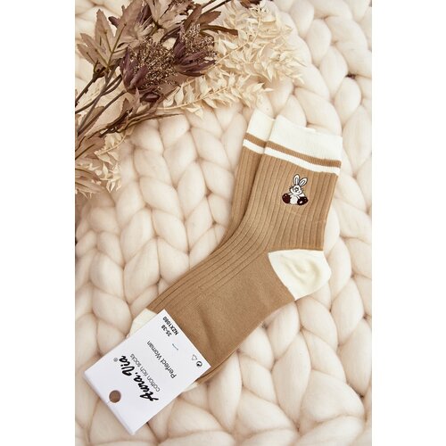 Kesi Women's socks with stripes and bunny, beige Slike
