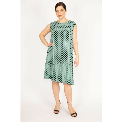 Şans Women's Green Plus Size Point Pattern Woven Viscose Fabric Skirt Layered Dress Slike