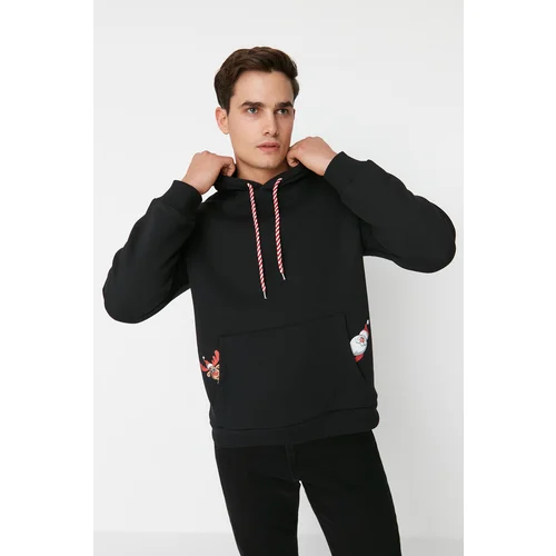 Trendyol Black Men's Relaxed Fit Hooded Long Sleeve Printed Thick Sweatshirt with Pockets