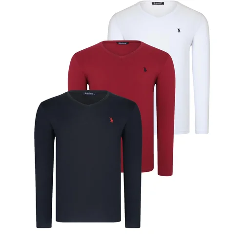 Dewberry TRIPLE SET T8587 V-NECK MEN'S SWEATSHIRT-BLACK-WHITE-BURGUNDY