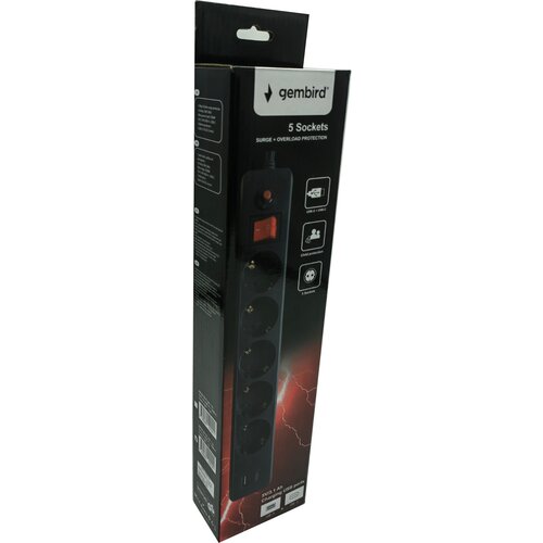 Gembird SPG5-B-10(3G1.5)**produzni kabl sa zastitom i 5 uticnica, 5V/3.1A USB-A+C 16A/3500W 3m Black Slike