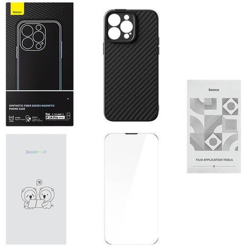 Baseus Synthetic Fiber Series magnetno ohišje za iPhone 14 Pro (črno) + kaljeno steklo + komplet za čiščenje Cene