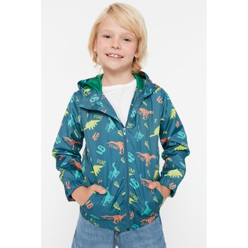 Trendyol Oil Hooded Dinosaur Patterned Boy Raincoat With Pocket Cene