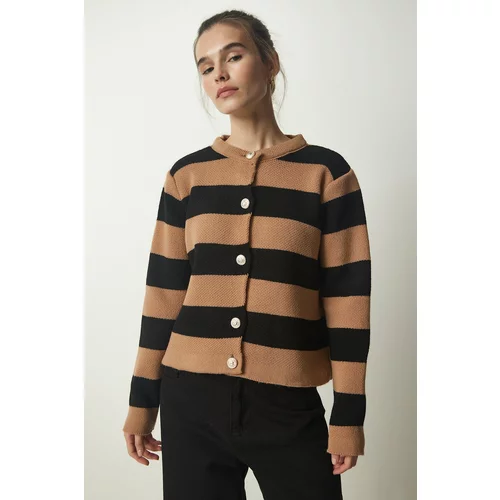 Happiness İstanbul Women's Biscuit Black Stylish Buttoned Striped Knitwear Cardigan