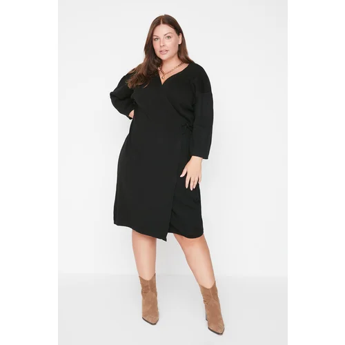 Trendyol Curve Black Double Breasted Closed Tie Detailed Slim Knitwear Dress