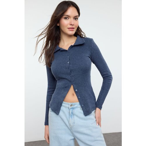 Trendyol Indigo Buttoned Fitted/Fits Body Stretch Knit Blouse Cene