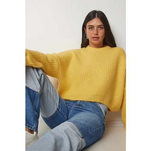 Happiness İstanbul Women's Yellow Basic Knitwear Sweater with Balloon Sleeves