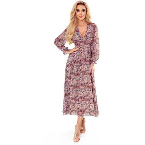 Numoco 378-1 MIDI chiffon dress - brown BOHO pattern Cene