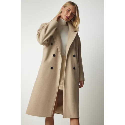 Happiness İstanbul Women's Beige Double Breasted Collar Oversize Stash Coat