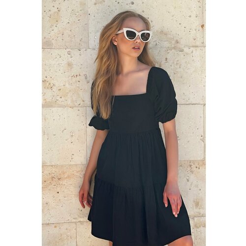 Trend Alaçatı Stili Women's Black Square Collar Princess Sleeve Ruffle Linen Dress Cene