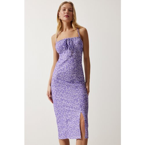  Women&amp;#039;s Vivid Lilac White Floral Slit Summer Knitted Dress Slike