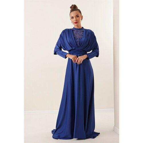By Saygı Satin Long Dress with Gathered Sleeves, Button Detail, Lined and Beaded on the Front, Saks Slike