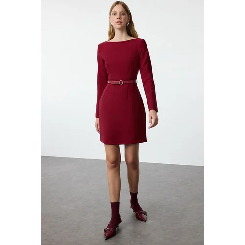 Trendyol Burgundy Belted A-Line Mini Woven Dress