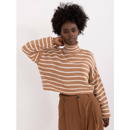 Fashion Hunters brown short striped turtleneck sweater Cene