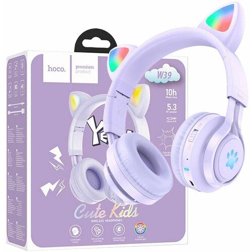 Hoco Bežične stereo slušalice, Bluetooth v5.3, 400mAh - W39 slušalice Mačje uši,Ljubičaste Slike