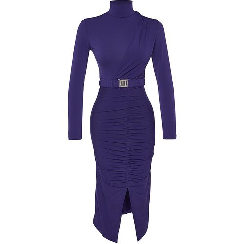 Trendyol Dark Purple Fitted/Situated Collar, Draped and Belt Knitted Knit Dress Slike