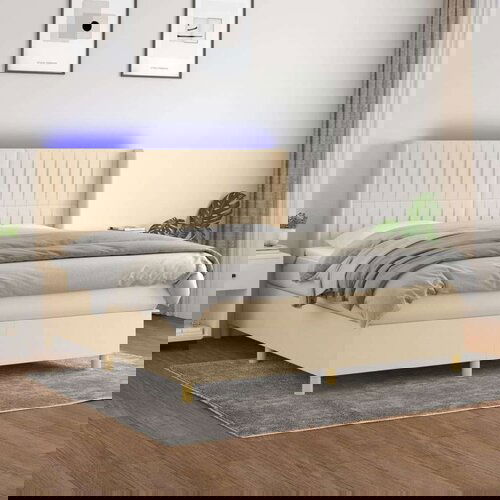  Box spring postelja z vzmetnico LED krem 180x200 cm blago Slike