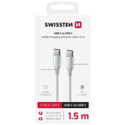 Swissten kabel USB-C/USB-C TEXTILE II, 3A, 60W, 480 Mb/s, 1,5m bijelo-srebrni Cijene