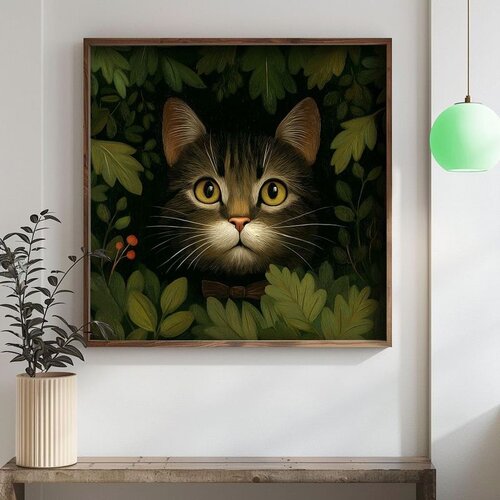 Wallxpert uramljena mdf slika DOS057-70, tigrasta mačka među zelenim lišćem, 70 x 70 cm Cene