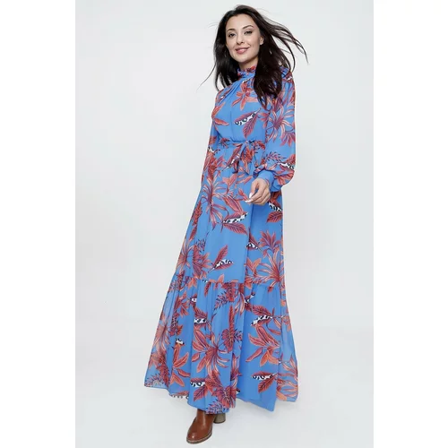 By Saygı Pleated Top With Belted Waist Leaf Pattern Lined Long Chiffon Dress Blue