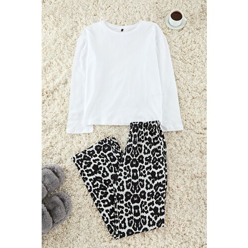 Trendyol White-Black 100% Cotton Leopard Patterned Knitted Pajama Set Slike
