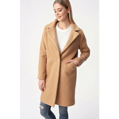 By Saygı One Button with Pockets, Lined Boucle Coat Camel Slike
