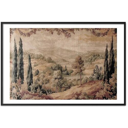  Plakat - Mediterranean Landscape - Old Tapestry with a Hill and Lake 60x90 Crni okvir s margom Slike