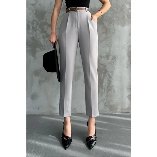 Dewberry 67537 Skinny Leg Belted Women Trousers-GREY