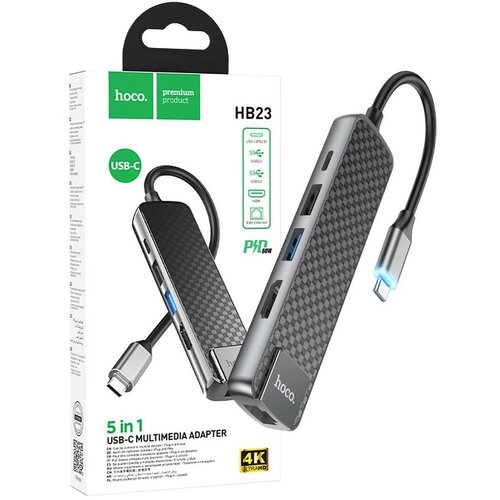 Hoco Konverter USB HUB type C to USB3.0/USB2.0/HDMI/RJ45/PD - HB23 Easy view, Sivi Slike