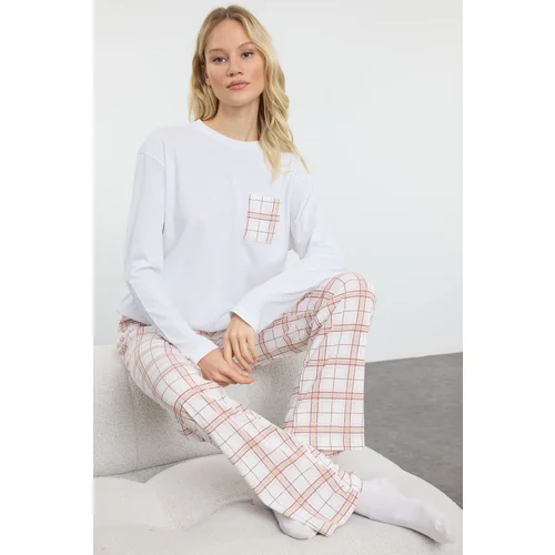 Trendyol White-Multicolored Cotton Plaid Pocket Detailed Knitted Pajama Set