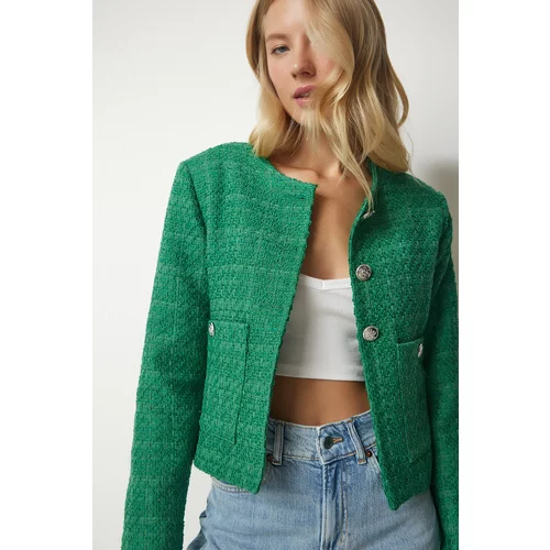 Happiness İstanbul Women's Green Buttoned Tweed Jacket