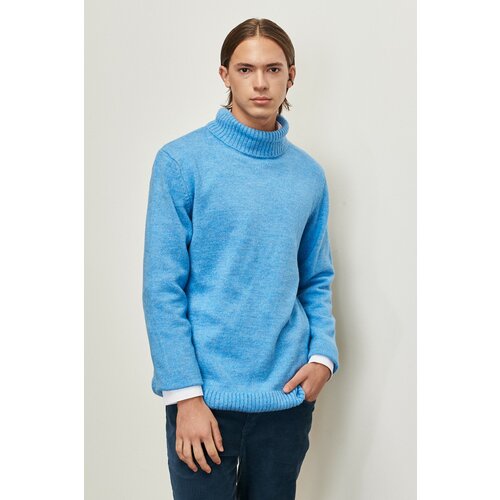ALTINYILDIZ CLASSICS Men's Blue Standard Fit Regular Cut Full Turtleneck Ruffled Soft Textured Knitwear Sweater Slike