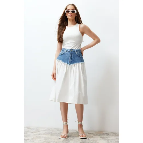 Trendyol Blue Color Block High Waist Midi Denim Skirt