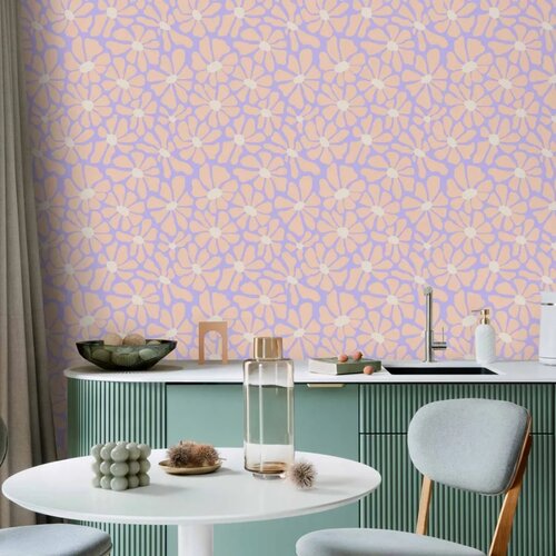  Tapeta - Cute Light-Beige Little Flowers - Small flowers with beige - undulating petals on a blue background. 50x1000 Cijene