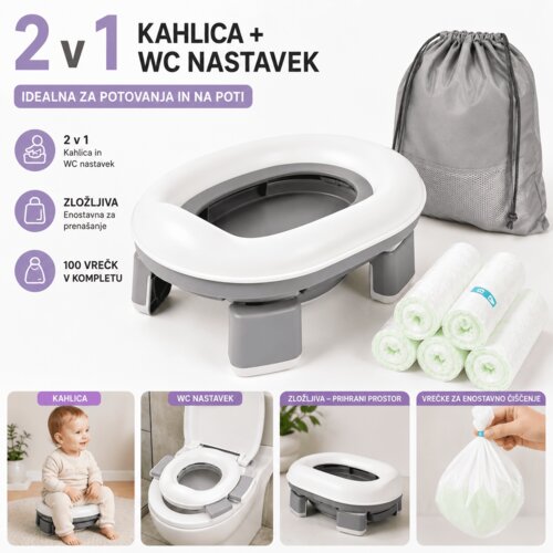  Prenosna otroška kahlica 2v1 + WC nastavek, zložljiva potovalna kahlica, 100 vrečk Cene