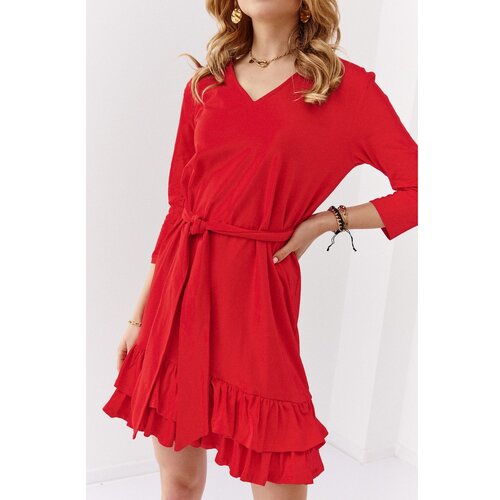 Fasardi Plain dress with frills and a red belt Slike