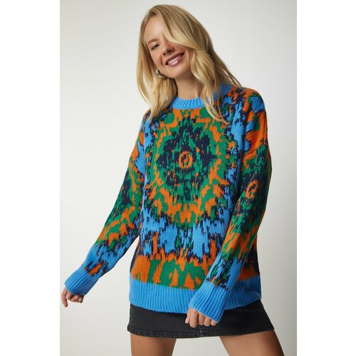 Happiness İstanbul Women's Sky Blue Black Patterned Knitwear Sweater Slike