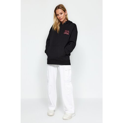 Trendyol Black With Print Detail Oversized/Wide Fit, Fleece Inside Knitted Sweatshirt Slike