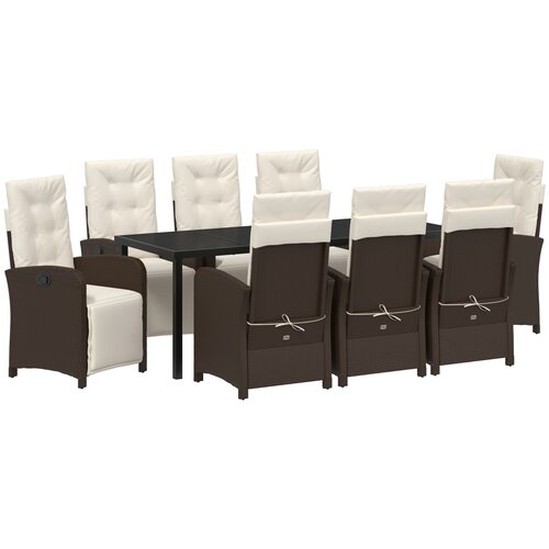 VidaXL 9-delna vrtna jedilna garnitura z blazinami rjava poli ratan, vrtna miza črna 200x80x73 cm kaljeno steklo Slike