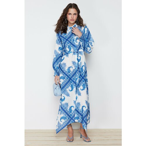 Trendyol Blue Shawl Pattern Asymmetric Skirt Detailed Tied Woven Dress Slike