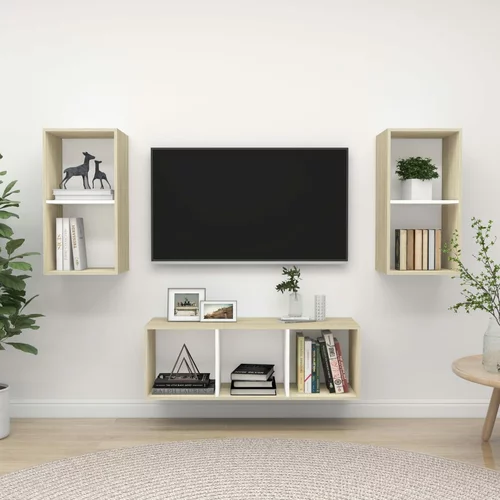 vidaXL Komplet TV omaric 3-delni bel in sonoma hrast iverna plošča, (20733650)