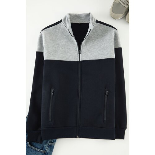 Trendyol Navy Blue-Grey Melange Regular Fit Long Sleeve Stand Collar Zippered Sweatshirt Slike