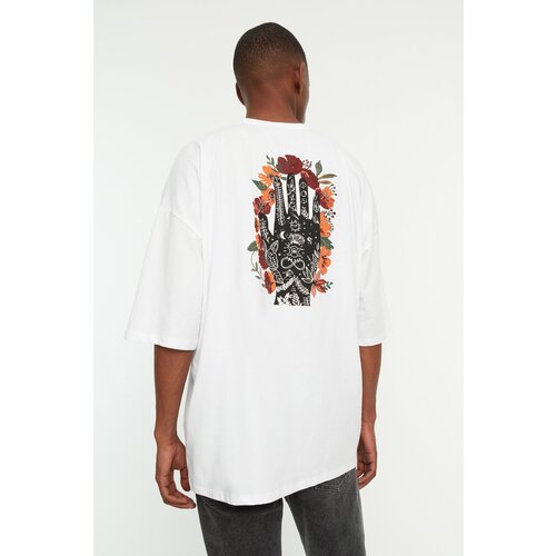 Trendyol White Men's Oversize Fit Crew Neck Short Sleeve Printed T-Shirt Cene